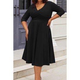 CLOCOR Women's Plus Size Midi Dress 3/4 Sleeve A-Line Swing Dress V Neck Flowy Casual Dresses Black 4X-Large