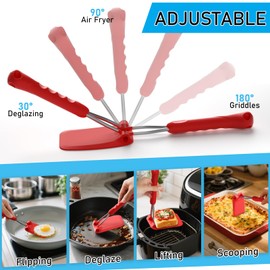 MFTEK Silicone Spatula Set, Heat-Resistant Silicone Spatula Turner Flipper for Nonstick Cookware, 2 Cooking Size Heads, Flexible, Adjustable Angle Spatula Set for Egg, Pancake, Fish, Burger (Red)