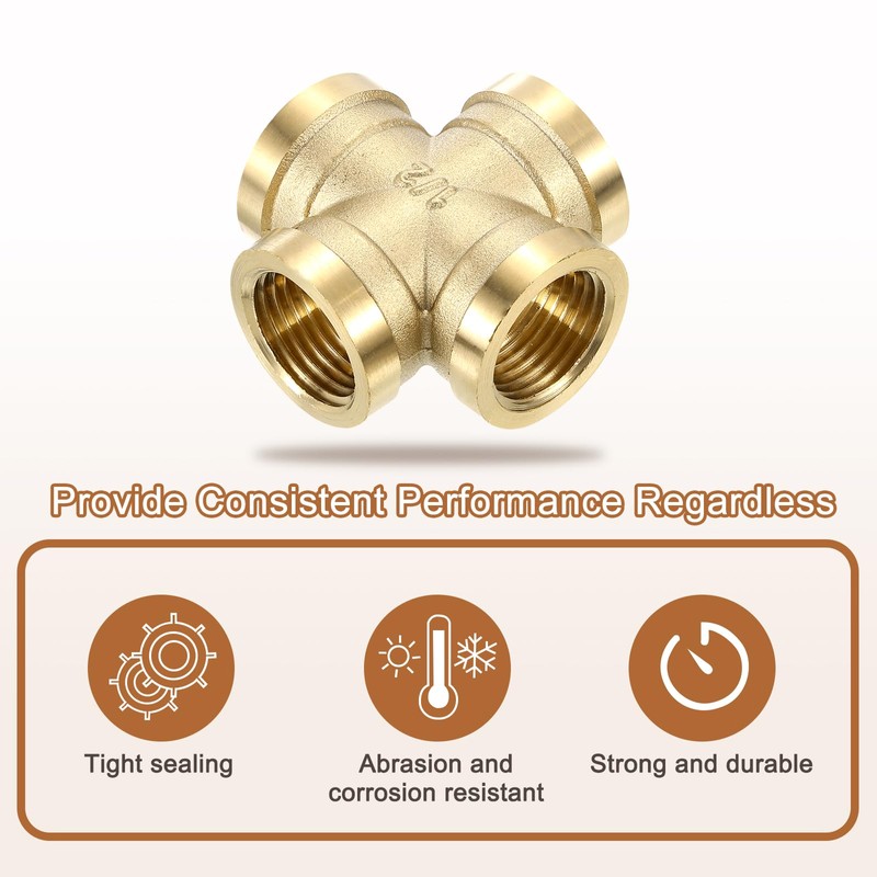 uxcell 4Pcs Brass Cross Pipe Fitting, BSPP G1/2 Female Barstock