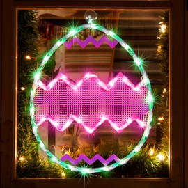 LAMPHOME 17" Lighted Green with Pink Chevron Stripe Easter Egg Window Silhouette