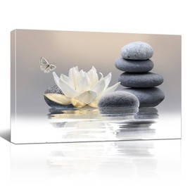 Zen Stone Framed Canvas Wall Art, White Flower and Yellow Butterfly on Lake Wall Paintings for Bathroom Living Room Bedroom Modern Spiritual Yoga Spa Canvas Prints Picture Wall Decor Artwork 12x16”