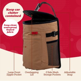 Lusso Gear Spill-Proof Car Trash Can - Easy to Clean Hanging Garbage Bin - Leak-Proof Lid, Removable Liner, Waterproof - Keeps Truck, SUV, Car, Minivan Clean & Odor Free - 2.5 Gallon Tan Car Trash Can
