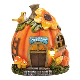 TERESA'S COLLECTIONS Outdoor Garden Decoration, Weatherproof Pumpkin House with Solar Light, Resin Garden Decoration, Fairy House Outdoor, Fairy House Garden Decoration, Gifts for Women, 13.5 cm