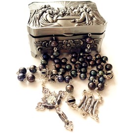 elegantmedical Black Pearl Bali Sterling Silver Cross Beads Catholic Rosary necklace box Mans Womens gift