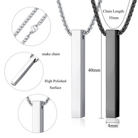 SAILIMUE 2Pcs Stainless Steel Bar Pendant Necklace for Men Women Couples Necklaces Cuboid Silver/Black CZ Bar Pendant with 22 Inches Chain Necklace Unisex