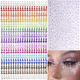 1250 Pcs Self Adhesive Rhinestones for Makeup Eyes 15 Colors Rainbow Rhinestones Face Jewels Face Gems Stick on, DIY Nail Makeup 3mm 4mm 5mm 6mm Rave Festival Accessories Costume for Women