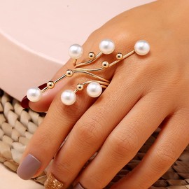 fdsmall Pearl Statement Ring for Women Girls Gold Balls Faux Pearls Antique Expandable Layered Open Band Wrap Finger Rings Adjustable Art Deco Exaggerated Jewelry Fashion Gifts Birthday