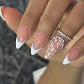 White French Tips Press on Nails Medium Almond Fake Nails with Heart Design Silver Glitter Curve Glue on Nails Glossy Reusable Spring Valentines False Nails for Women Girls Manicure 24pcs