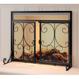 Calidola Large Flat Fireplace Screen with Doors, Wrought Iron Frame with Metal Mesh, Flat Panel Decorative Fireplace Screen with Scroll Design, Free Standing Spark Guard,Black