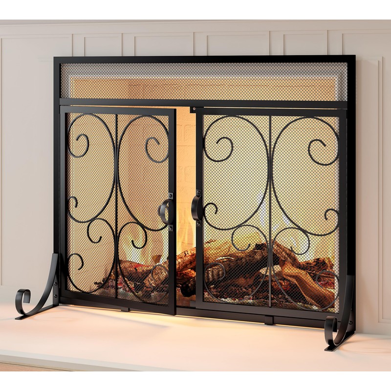 Calidola Large Flat Fireplace Screen with Doors, Wrought Iron Frame