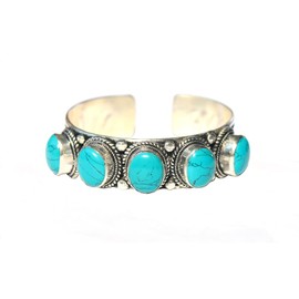 Ornate 5-Stone Blue Stabilized-Turquoise Adjustable Cuff Bracelet | Multi-Stone Jewelry for Men & women