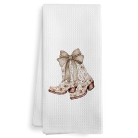 XNXLDYLH Preppy Beige Bow Western Kitchen Towels, Cowgirl Gifts, Coquette Brown Cowgirl Chinoiserie Floral Mid Century Grandmillennial Home Decor Dish Hand Tea Towels for Bathroom Kitchen, 16x24 Inch