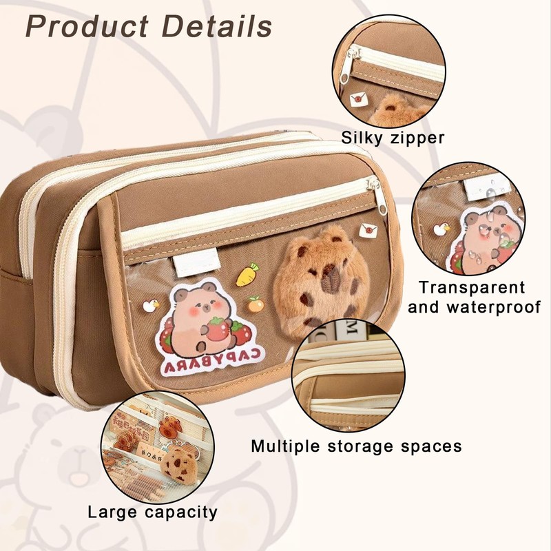 Capybara Large Capacity Pencil Case with Sticky Notes Stickers Pendants