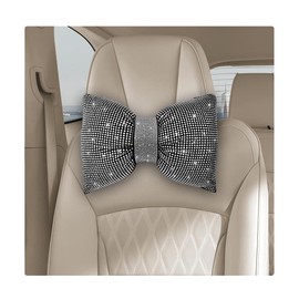 Yourkar Bling Car Seat Neck Pillow, Soft Bling Bowknot Headrest Neck Support Rest Cushion, Neck Relax Head Rest Auto Pillow with Crystal Rhinestone for Women, Car Accessories (White)
