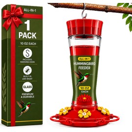 Hummingbird Feeder 10 oz Glass Hummingbird Feeders for Outdoors, with Built-in Ant Guard - Circular Perch with 5 Feeding Ports - Wide Mouth for Easy Filling/2 Part Base for Easy Cleaning