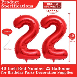 Red 22 Number Balloons, 40 Inch Giant Number 22 Balloons Foil Mylar Helium Red Number Balloons for 22th Birthday Party Supplies Anniversary Event Celebration Decorations