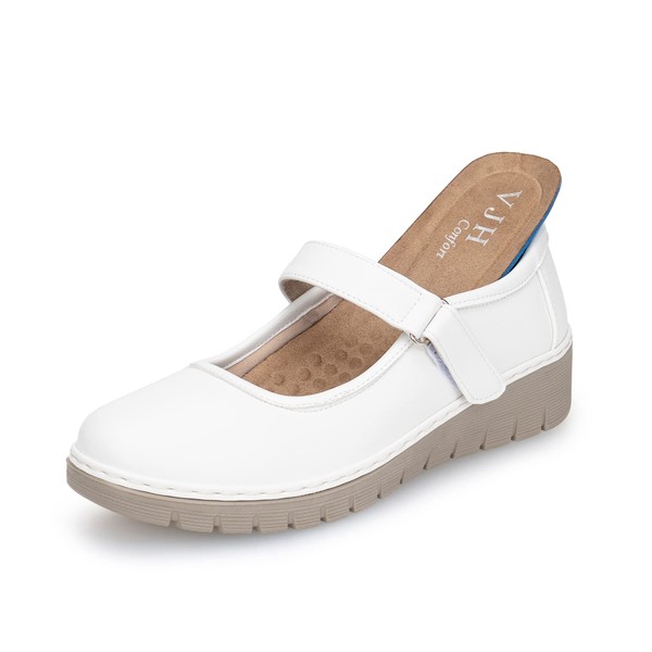 VJH Comfort - Zapatos planos Mary Jane para mujer, transpirables, cómodos, con punta redonda, tacón bajo, ligeros, para caminar, Blanco, 7 US