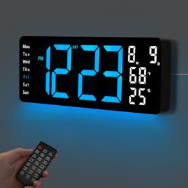 17.5” Digital Wall Clock, LED Display with Time, Date, Month, Temperature & Humidity, Remote Control DST, Alarm, Timer, 10-Level Brightness, Night Light for Home, Living Room, Bedroom & Office Décor