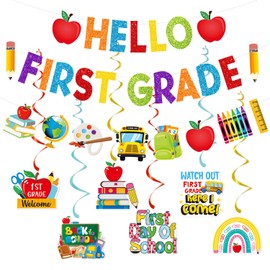 Hello 1st Grade Banner, First Day of 1st Grade Decorations, Welcome Back to 1st Grade Banner Supplies, Back to School Decorations, 1st Grade Classroom Decorations(Pre-assembled)