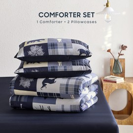 Wake In Cloud - Rustic Comforter Set, Cabin Christmas Lodge Western Country Bear Deer Moose Woodland RV Outdoor Theme, Soft Lightweight Bedding, 3 Pieces, Blue Beige, Queen Size