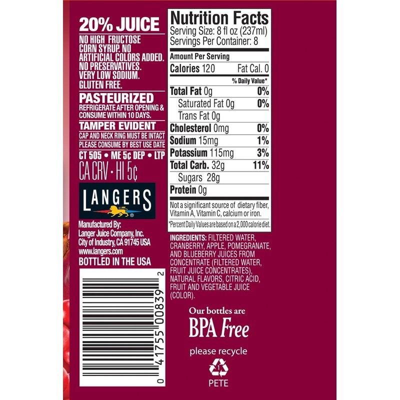 Langers Juice Cocktail, Cranberry Pomegranate Blueberry, 64 Fl Oz (Pack