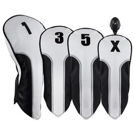 Majek Golf Clubs Premium Protective Retro Leatherette Vintage Style White Silver and Black Striped Driver and Fairway Wood Head Covers 1, 3, 5 and X with Adjustble Wheel Tag Includes 3,5,7,9 Plus X