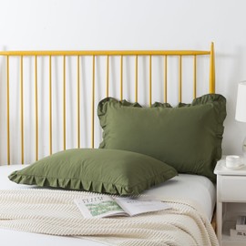 KAIANG 2 Pack King Size Ruffled Chic Boho Pillow Cases Washed Microfiber Fabric, Soft Wrinkle Resistant Breathable Envelope Closure Pillow Covers, 20x36 Inches (Olive Green)