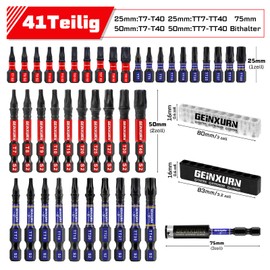 GEINXURN 41 Piece Muti Torx Screwdriver Bit Set, T7-T40/TT7-TT40 25 mm 50 mm Length Impact-Resistant Magnetic Torx Head Power Bits 1 Piece 75 mm Hammer Drill Holder, S2 Alloy Steel Star Bit