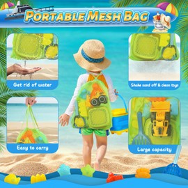 Beach Sand Toys for Kids with Collapsible Bucket and Mesh Bag, Toddlers Filter Sand Scooper Mesh Shovel Cover for Collecting Shells, Castle Molds, 16 Pcs Beach Essentials Toys for Summer Outdoor Beach