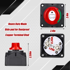 Datanly Battery Switch 12V-48V Waterproof Battery Power Cut Master Switch Disconnect Isolator with 2 AWG 12 Inch Battery Inverter Cables Set, 3/8 Inch Lugs for Car Vehicle RV Marine Boat ON and Off