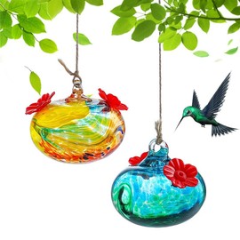 Pack 2 Blown Glass Hummingbird Feeders for Outdoors Small Glass Humming Bird Feeder for Window Hanging Ant and Bee Proof Humming Birds Feeders Decor for Garden Outside