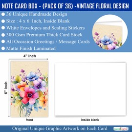 PARTH iMPEX 36 Blank Floral Note Cards With Envelopes - 4 x 6 inch All Occasion Greeting Cards, Cute Vintage Flowers Stationery Thank You Notecards and Sealing Stickers