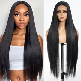 DÉBUT Light Yaki Straight Lace Front Wigs 36 Inches Super Long Wig 13x4x0.5 Middle Part Natural Hairline with Baby Hair Synthetic Wig for Women 1B Color