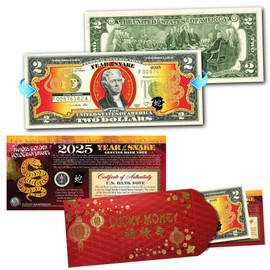 2025 Chinese Lunar New Year Year of The Snake Gold Hologram Colorized Two Dollar Federal Reserve Note Special Edition $2 Collectible RED Lunar Lucky Envelope