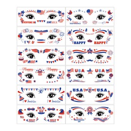 4th of July Face Stickers Temporary Tattoos Stickers American Flag Face Stickers Independence Day Tattoo Stickers Eye Fourth of July Tattoos Makeup Decal Patriotic Art Decor Tattoo Stickers 12 Sheets