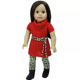 Unbranded Red Sweater Dress, Animal Print Leggings & Tie Belt 3Pc Set fits AG 18inch Dolls