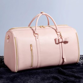 STHMEOOHT Garment Bags for Travel, Convertible Suit Travel Bag for Women, Fashion & Cute Carry On Garment Bag w/Shoes Pouch, 2 in 1 Foldable PU Leather Hanging Duffle Bag, Single-Zipper Design, Pink