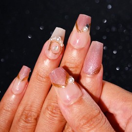 Sethexy Coffin Press on Nail Long - Glitter French Tip, Gold Line, Sequins Design Acrylic False Nail for Women 15 Sizes - 30 Pcs Nail Kit with Glue