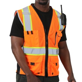 Class 2 Hi Vis Safety Vest for Men, High Visibility Vest with 10 Pockets and Zipper, Working Vest with Reflective Strips, Meets ANSI/ISEA Standards Orange 5XL