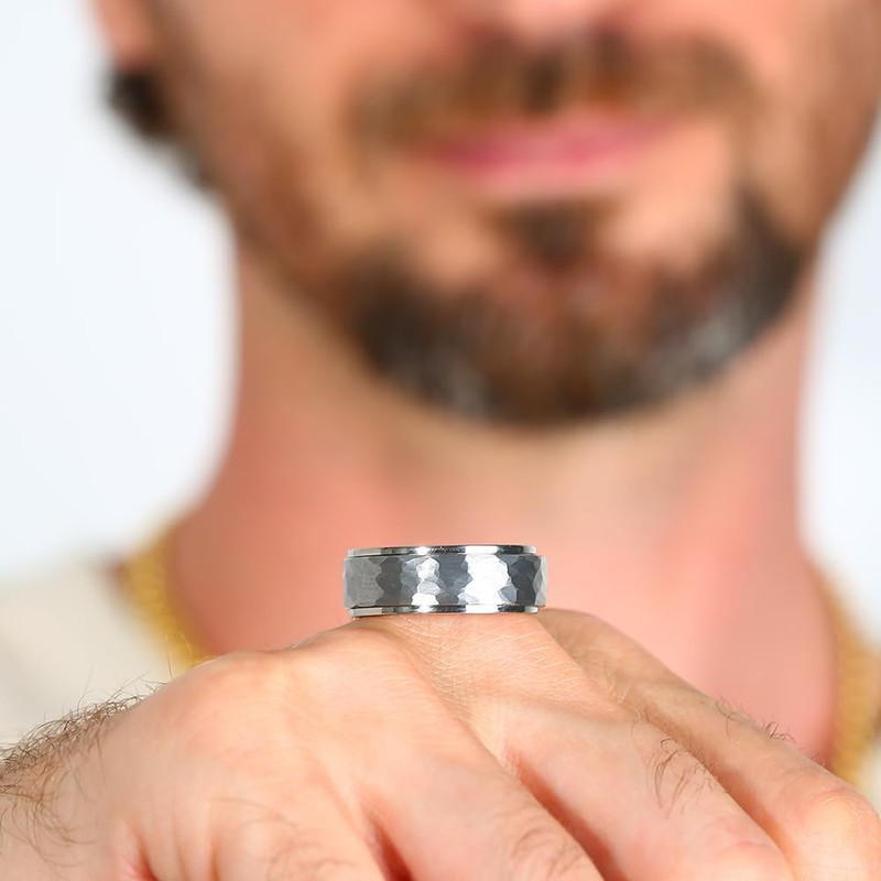 TGNEL 8mm Hammered Mens Fidget Rings Titanium Tungsten Anxiety Spinner