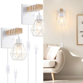 Lomoky White Plug in Wall Sconces Set of Two, Modern Wall Lights with 5.25FT Plug in Cord, Wooden Bedside Wall Lamps with Metal Shade, Industrial Wall Lighting Decor for Living Room, Hallway, Stairs