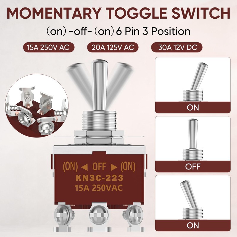 Momentary Toggle Switch, MecRecare 6 Pin DPDT (ON)-Off-(ON) 30A 12VDC/15A