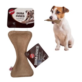 SPOT Dura-Fused Leather Small Bone Dog Toy – Durable Chew Toy with Real Leather & Jute, Squeaker, and Double-Stitched Seams for Moderate Chewers, Small & Medium Dogs, 7in