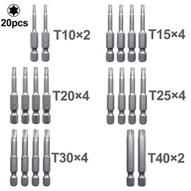 BAKESHU Torx Bit Long Set, T10-T15-T20-T25-T30-T40 Bit Assortment from S2 (Length: 50 mm, Pack of 20)
