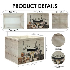Knibeo Farmhouse Rustic Vintage Cow Fabric Storage Bins for Shelves Closet, Hay Girl Hay Trendy Retro Cow Collapsible Cube Baskets Organizer for Clothes Books Toys