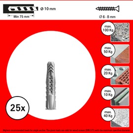 fischer 25 dowels UX, 10 x 60 mm, for Wall, Perforated Brick, plasterboard, 542454, Gray, Set of 25 Pieces