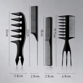 TANGRUL Men's Combs, 4 Piece Set, Hair Comb, Mesh Comb, Coarse, Anti-Static, Styling Comb, Barber Comb, Pomade Comb, Hairdressers, Barbers, Home Use, Unisex, Black
