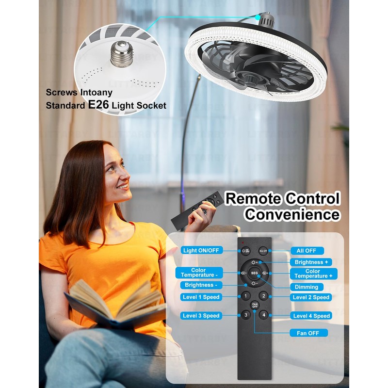 Ceiling Fans with Lights, Socket Fan Light with Remote Control,