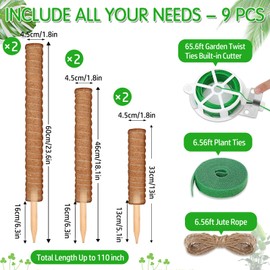 ROADPLUM 102 Inch Moss Pole for Plants Indoor (2*21.7", 2*16.5", 2*12.6") 6Pcs Coco Coir Pole Monstera Plant Support Pole for Plants Climbing with 65.6ft Twist Tie, Plant Tie and Jute Rope for Potted