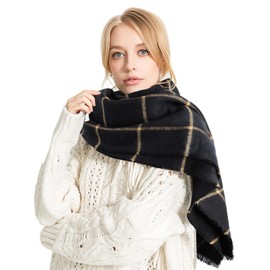 Comilaka Women's Scarf XXL Shoulder Scarf Checked Scarf Winter Oversized Poncho 200 x 70 cm, black